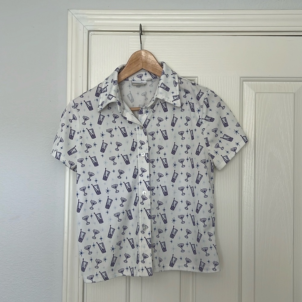 Vintage Delias 1990s Girls Club Medium Button Down 50s Martini Cocktails Motif
